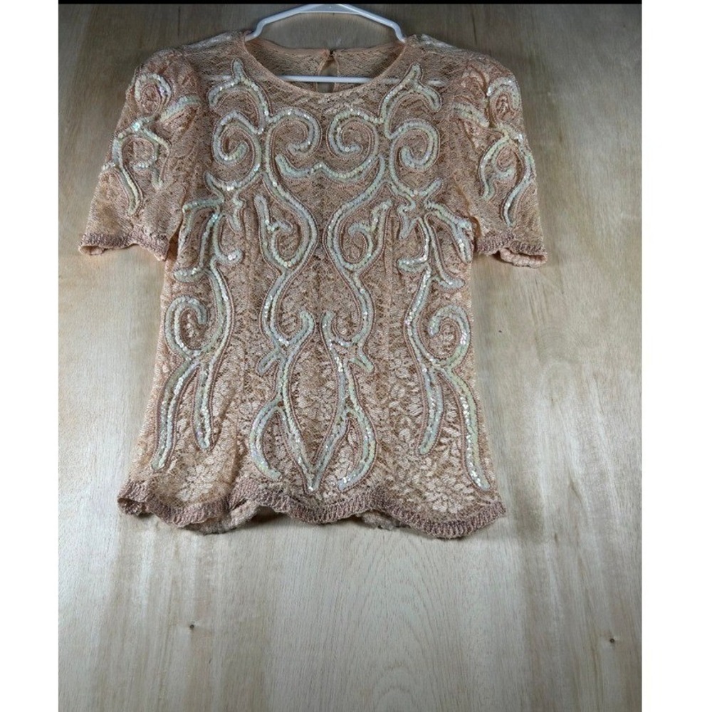 Vintage 90s Blush Pink Sequin Lace Beaded Evening Top Size 8 Formal Cocktail